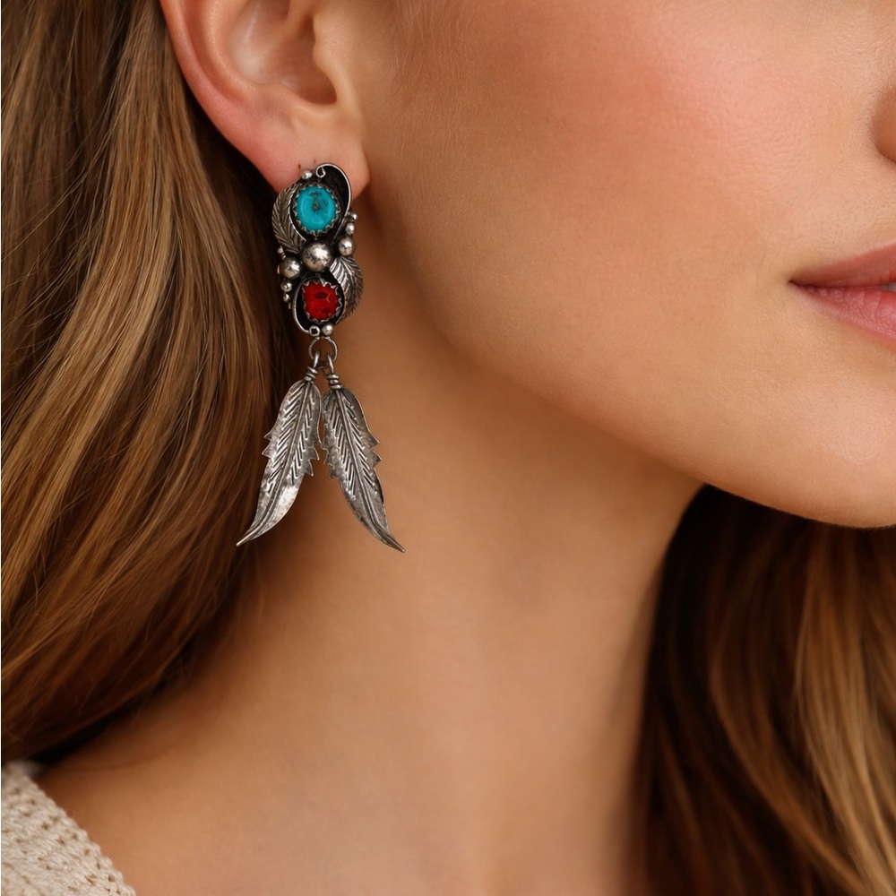 Sterling Silver Feather Drop Earrings with Turquoise and Coral Accents - Navajo